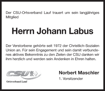 Traueranzeige von Johann Labus von Pegnitz-Zeitung